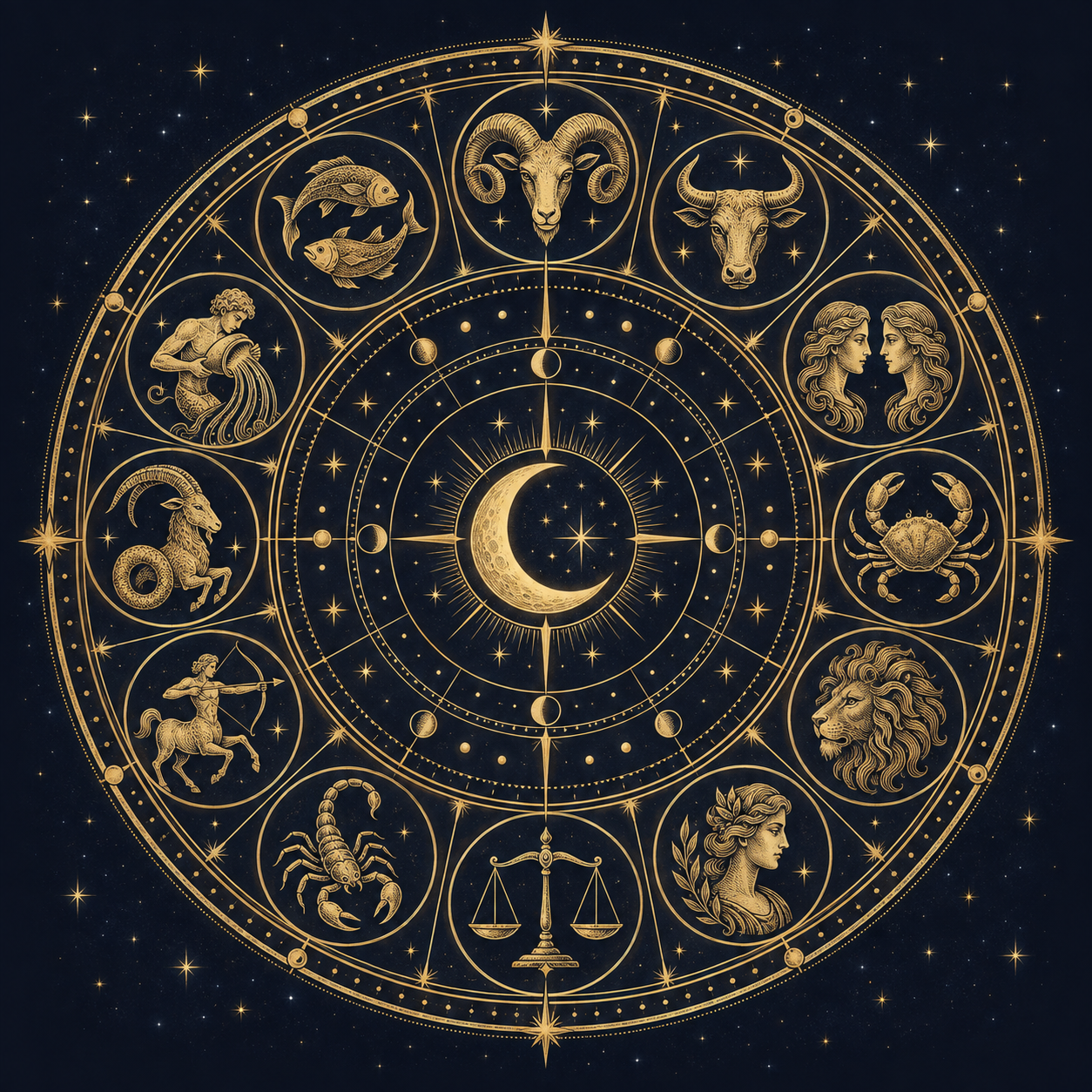 An engraved gold zodiac wheel surrounding a crescent moon in a midnight star field